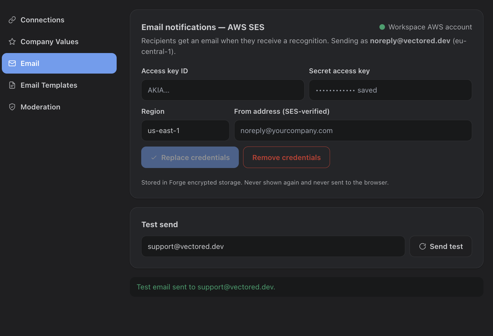 AWS SES email settings with test send